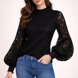 Laundry b Shelli Segal Black Lace Mesh Ballon Sleeve Fairy Classic Chic Top Sz M
